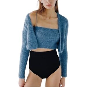 Zara Cropper Cardigan Sweater Blue
